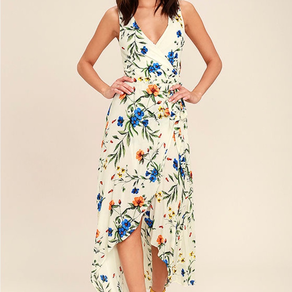 Lulu's Cream Floral High Low Dress with Blue and Orange